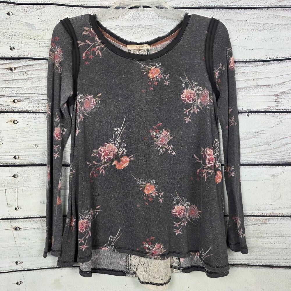 Rewind Charcoal Floral Lace Back Long Sleeve Top Small